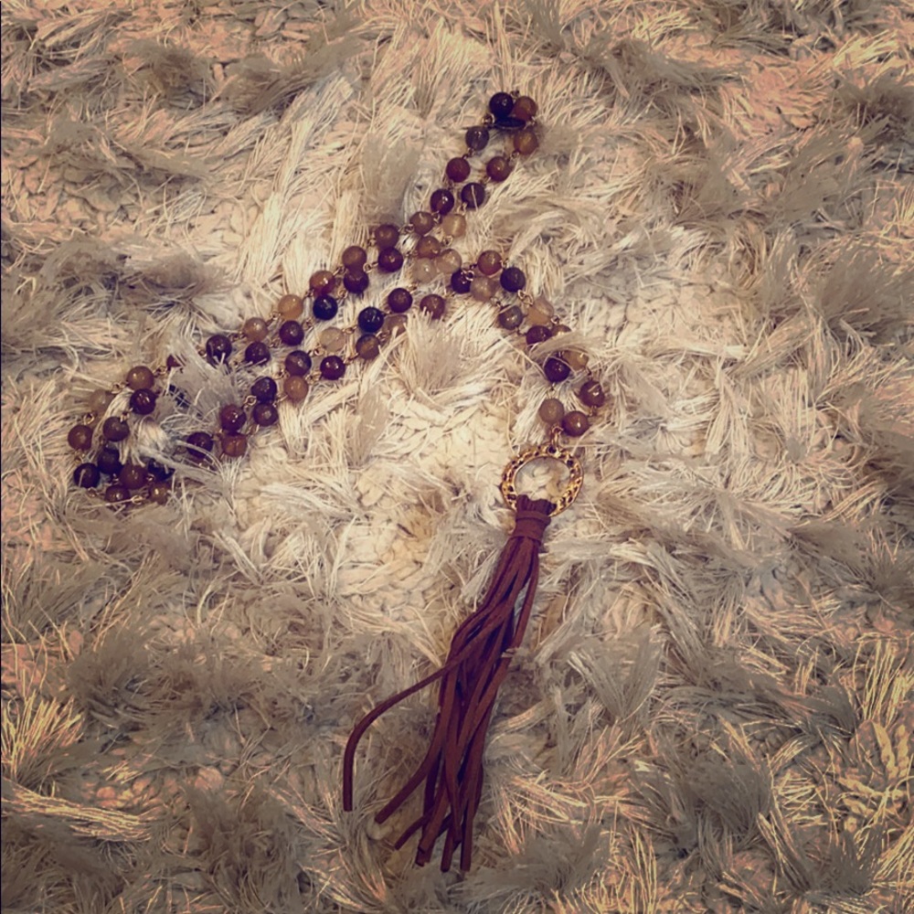 Long Beaded necklace w/leather fringe